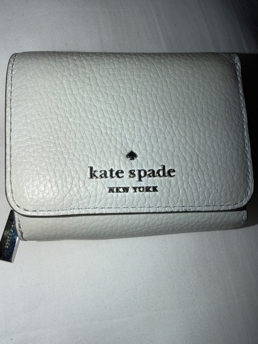 Kate Spade Light Grey Pebbled Leather Trifold Wallet with Zip